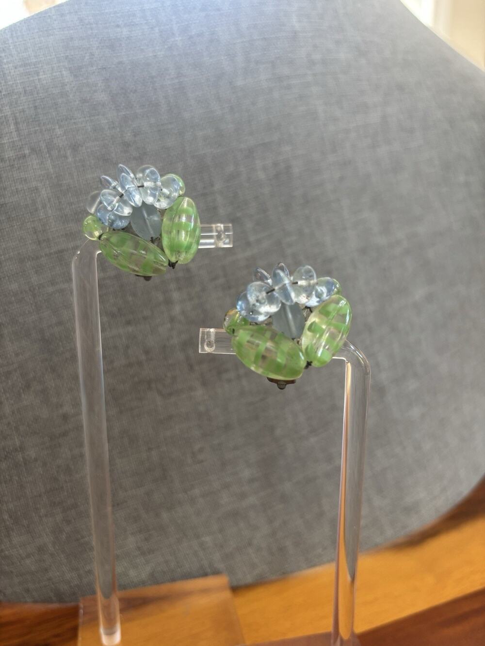 Vintage Retro MCM Blue Green Glass Flower Cluster Round Clip-On Earrings Pair